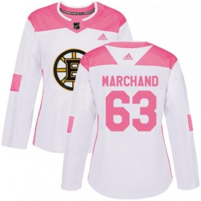 Womens Adidas Boston Bruins 63 Brad Marchand Authentic WhitePink Fashion NHL Jersey