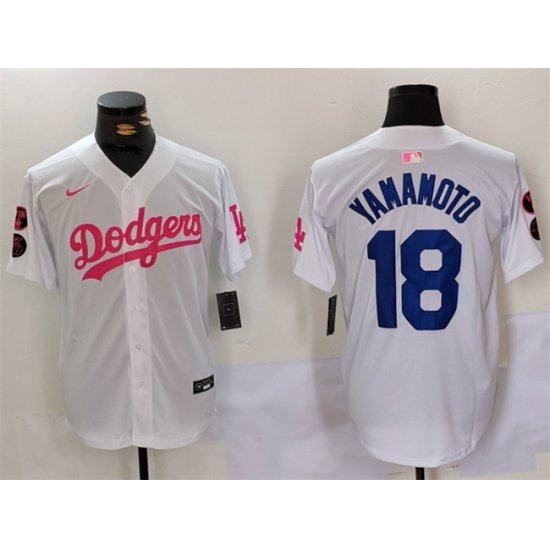 Men Los Angeles Dodgers 18 Yoshinobu Yamamoto White Pink Vin  26 Kobe Patch Stitched Baseball Jersey