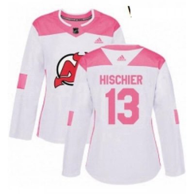 Womens Adidas New Jersey Devils 13 Nico Hischier Authentic WhitePink Fashion NHL Jersey