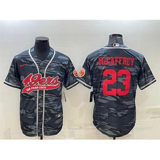 Men San Francisco 49ers 23 Christian McCaffrey Grey Red Camo With Patch Cool Base Stitched Baseball Jersey