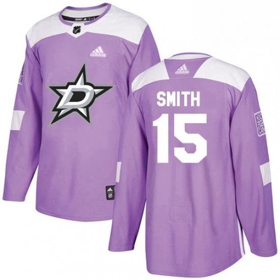 Mens Adidas Dallas Stars 15 Bobby Smith Authentic Purple Fights Cancer Practice NHL Jersey