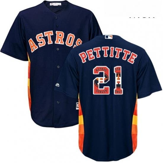 Mens Majestic Houston Astros 21 Andy Pettitte Authentic Navy Blue Team Logo Fashion Cool Base MLB Jersey