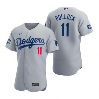 Men Los Angeles Dodgers 11 A J  Pollock Gray 2020 World Series Champions Flex Base Jersey