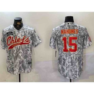 Men Kansas City Chiefs 15 Patrick Mahomes 2024 Arctic Camo Salute To Service Stitched Baseball Jersey