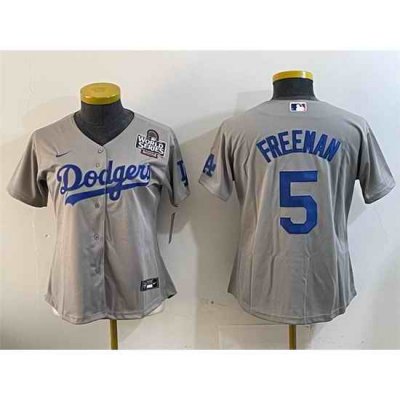 Women Los Angeles Dodgers 5 Freddie Freeman Grey 2024 World Series Cool Base Stitched Baseball Jersey