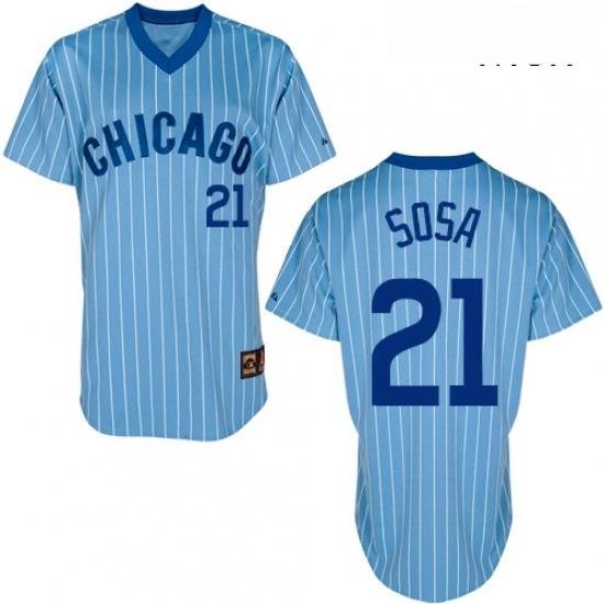 Mens Majestic Chicago Cubs 21 Sammy Sosa Replica BlueWhite Strip Cooperstown Throwback MLB Jersey