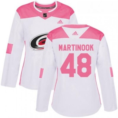 Womens Adidas Carolina Hurricanes 48 Jordan Martinook Authentic White Pink Fashion NHL Jersey