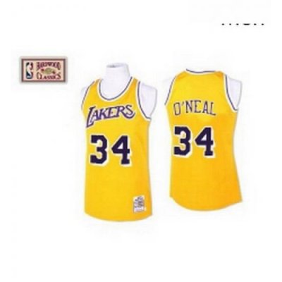 Mens Mitchell and Ness Los Angeles Lakers 34 Shaquille ONeal Swingman Gold Throwback NBA Jersey