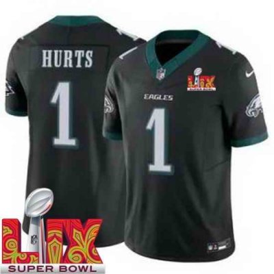 Men Philadelphia Eagles Jalen Hurts #1 Black 2024 2025 Super Bowl LIX F U S E Stitched NFL Jersey