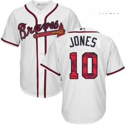 Mens Majestic Atlanta Braves 10 Chipper Jones Authentic White Team Logo Fashion Cool Base MLB Jersey