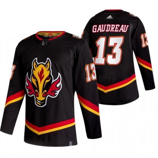 Men Calgary Flames 13 Johnny Gaudreau Black Adidas 2020 21 Reverse Retro Alternate NHL Jersey