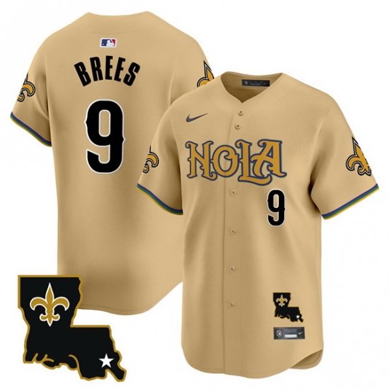 Men New Orleans Saints 9 Drew Brees Gold Cool Base Stitched Baseball Jersey