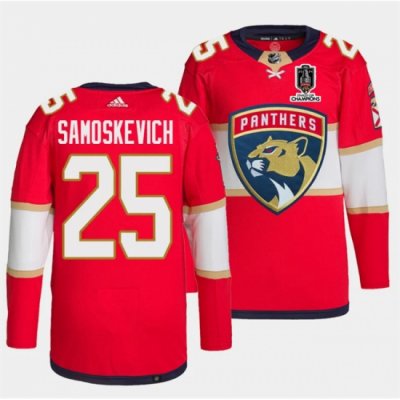 Men Florida Panthers 25 Mackie Samoskevich Red Home 2024 Stanley Cup Champions Stitched Jersey