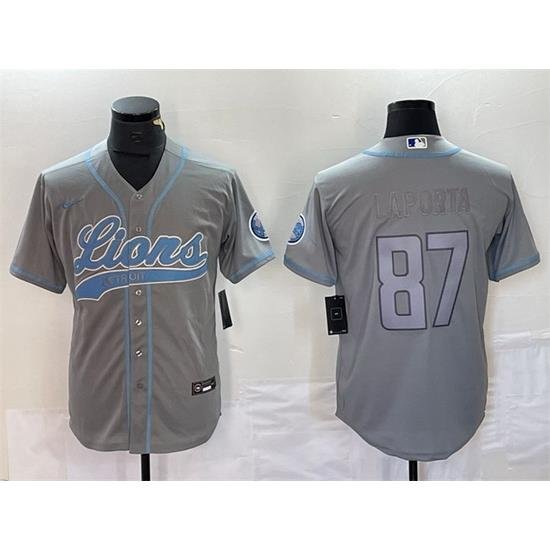 Men Detroit Lions 87 Sam LaPorta Grey Cool Base Stitched Baseball Jersey