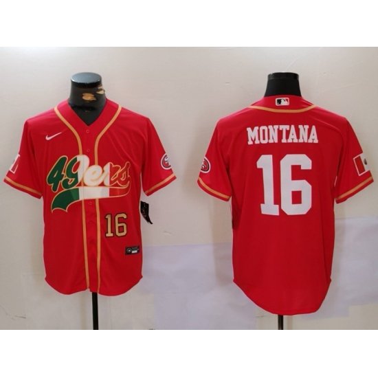 Men San Francisco 49ers 16 Joe Montana Red With Patch Cool Base Stitched Baseball Jersey 2