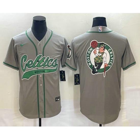 Men's Boston Celtics Gray Team Big Logo With Patch Stitched Baseball Jersey