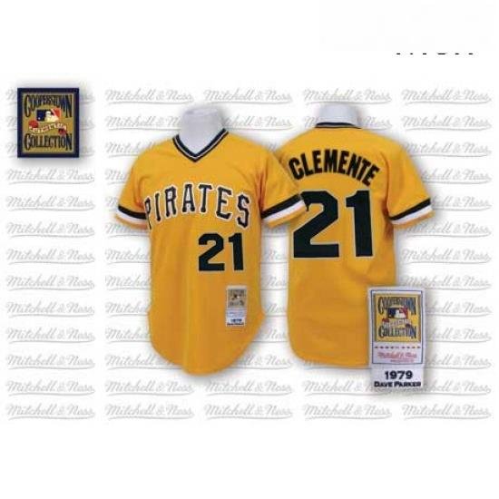 Mens Mitchell and Ness Pittsburgh Pirates 21 Roberto Clemente Authentic Gold Throwback MLB Jersey