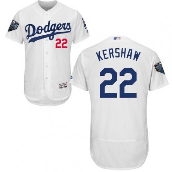 Mens Majestic Los Angeles Dodgers 22 Clayton KershaW White Home Flex Base Authentic Collection 2018 World Series Jersey