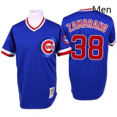 Mens Mitchell and Ness Chicago Cubs 38 Carlos Zambrano Authentic Blue Throwback MLB Jersey