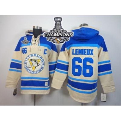 Men Pittsburgh Penguins 66 Mario Lemieux Cream Sawyer Hooded Sweatshirt 2016 Stanley Cup Champions Stitched NHL Jersey