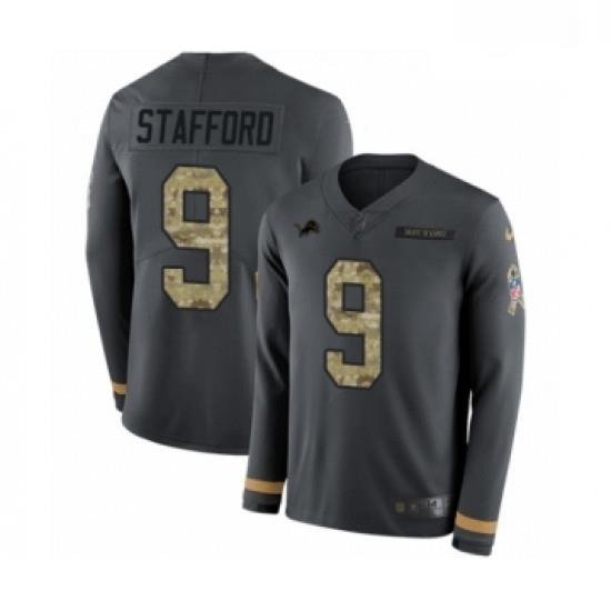 Men Nike Detroit Lions 9 MattheW Stafford Limited Black Salute to Service Therma Long Sleeve NFL Jersey