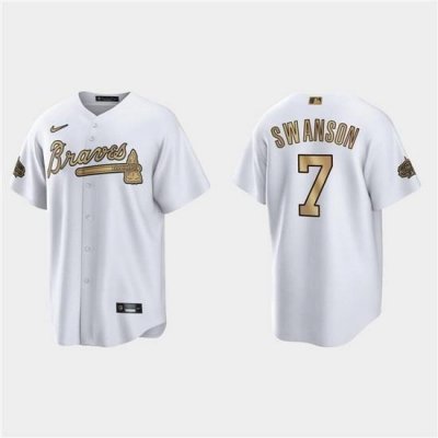 Men Atlanta Braves 7 Dansby SWanson 2022 All Star White Cool Base Stitched Baseball Jersey