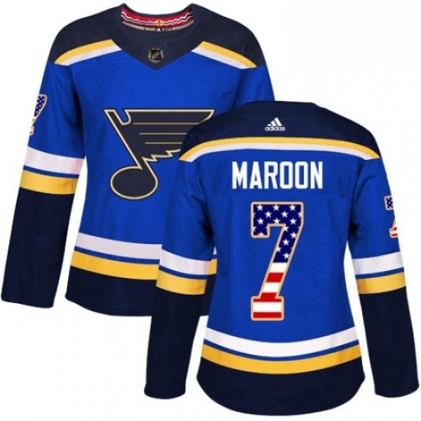 Womens Adidas St Louis Blues 7 Patrick Maroon Authentic Blue USA Flag Fashion NHL Jersey