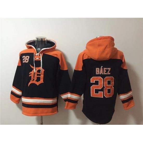 Men Detroit Tigers 28 Javier B E1ez Black Orange Lace Up Pullover Hoodie