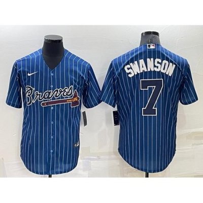 Men Atlanta Braves 7 Dansby SWanson Navy Cool Base Stitched Baseball Jersey