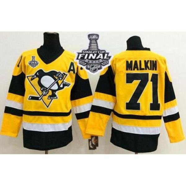 Penguins #71 Evgeni Malkin Yellow Throwback 2017 Stanley Cup Final Patch Stitched NHL Jersey