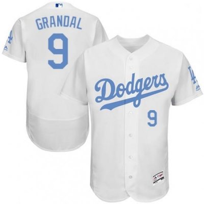 Mens Majestic Los Angeles Dodgers 9 Yasmani Grandal Authentic White 2016 Fathers Day Fashion Flex Base Jersey