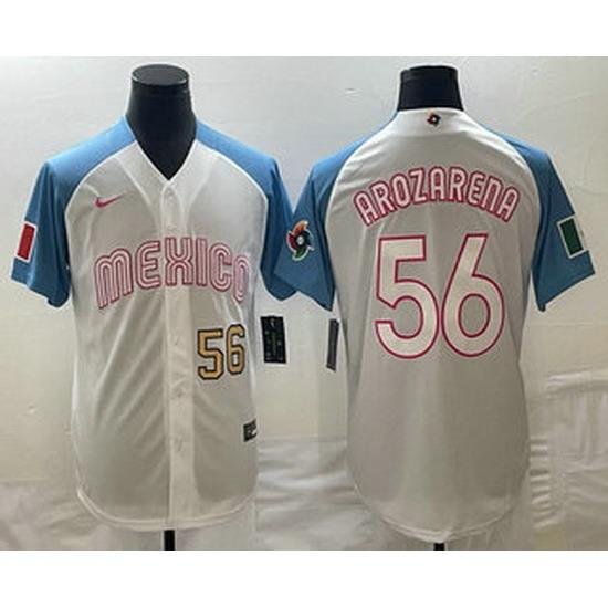 Men's Mexico Baseball #56 Randy Arozarena Number 2023 White Blue World Classic Stitched Jersey