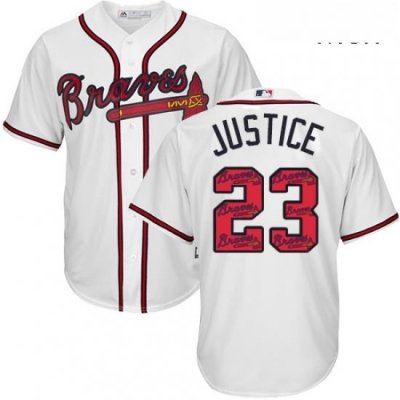 Mens Majestic Atlanta Braves 23 David Justice Authentic White Team Logo Fashion Cool Base MLB Jersey