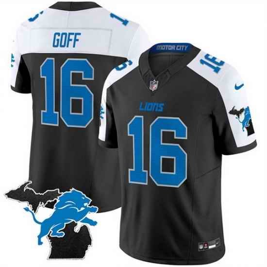 Men Detroit Lions 16 Jared Goff Black White F U S E  2024 Michigan Patch Vapor Limited Stitched Jersey