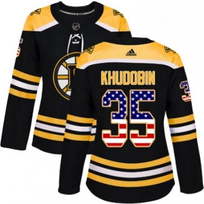 Womens Adidas Boston Bruins 35 Anton Khudobin Authentic Black USA Flag Fashion NHL Jersey