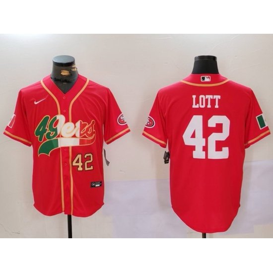 Men San Francisco 49ers 42 Ronnie Lott Red With Patch Cool Base Stitched Baseball Jersey 3