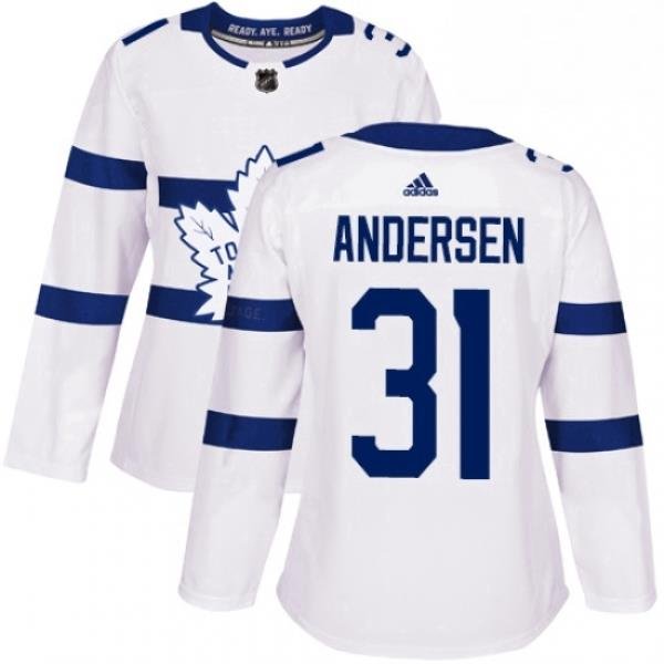 Womens Adidas Toronto Maple Leafs 31 Frederik Andersen Authentic White 2018 Stadium Series NHL Jersey