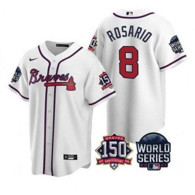 Men Atlanta Braves 8 Eddie Rosario 2021 White World Series With 150th Anniversary Patch Cool Base Stitched Jersey