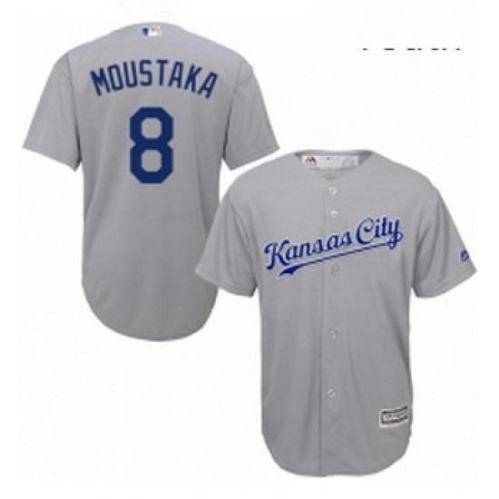 Youth Majestic Kansas City Royals 8 Mike Moustakas Authentic Grey Road Cool Base MLB Jersey