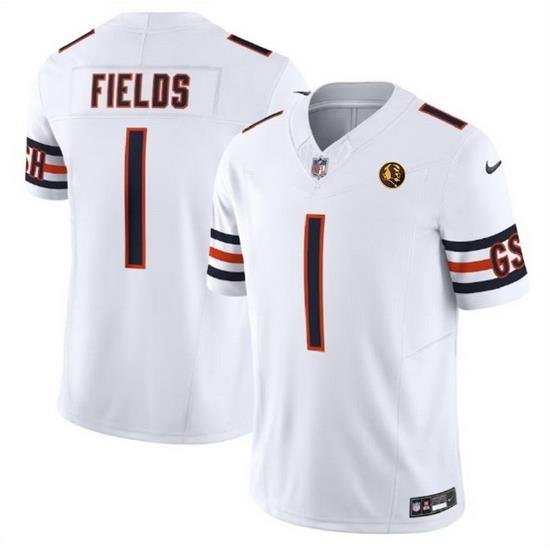 Men Chicago Bears 1 Justin Fields White 2023 F U S E  With John Madden Patch Vapor Limited Stitched Football Jersey