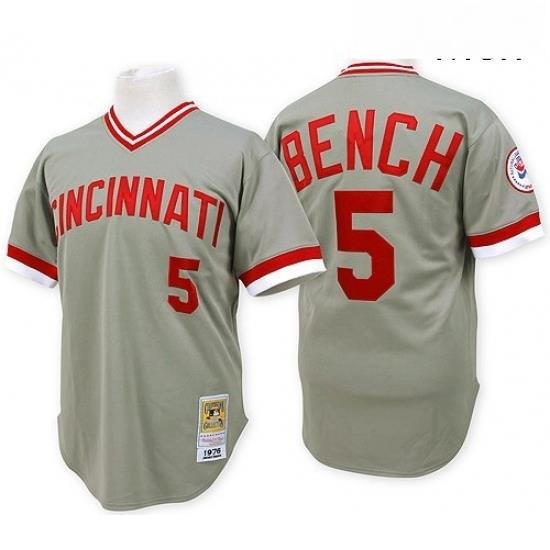 Mens Mitchell and Ness Cincinnati Reds 5 Johnny Bench Authentic Grey Throwback MLB Jersey