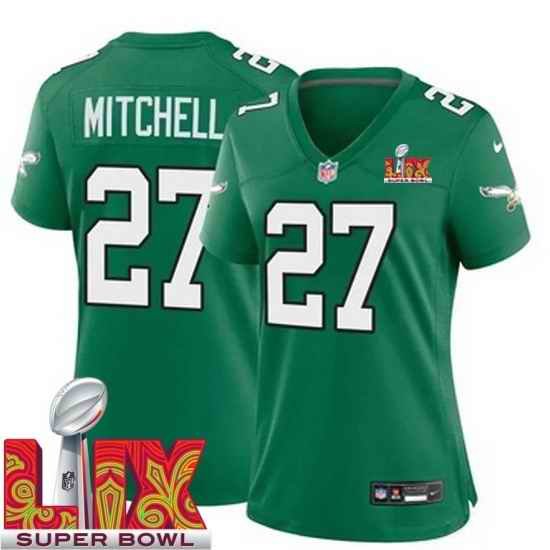 Women Philadelphia Eagles Quinyon Mitchell #27 Kelly Green 2024 2025 Super Bowl LIX F U S E Stitched NFL Jersey