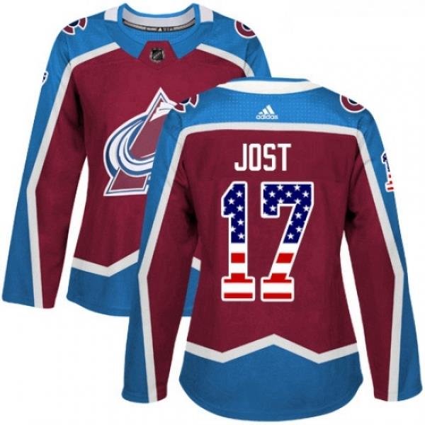 Womens Adidas Colorado Avalanche 17 Tyson Jost Authentic Burgundy Red USA Flag Fashion NHL Jersey