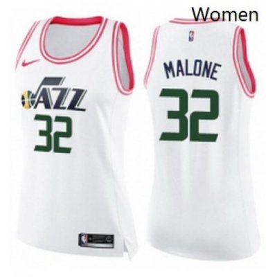 Womens Nike Utah Jazz 32 Karl Malone Swingman WhitePink Fashion NBA Jersey