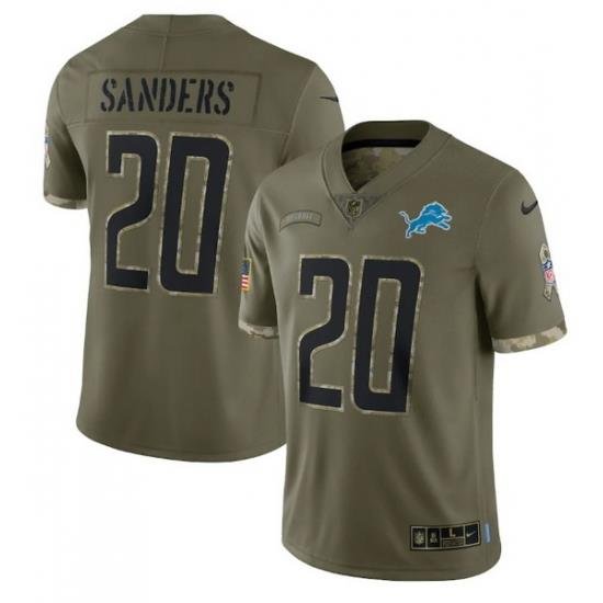 Men Detroit Lions 20 Barry Sanders Olive 2022 Salute To Service Limited Stitched Jersey