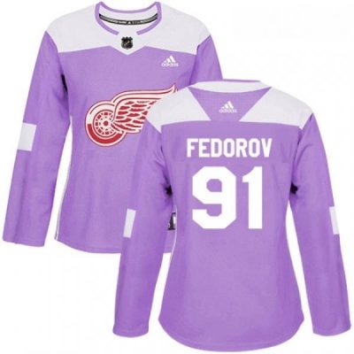 Womens Adidas Detroit Red Wings 91 Sergei Fedorov Authentic Purple Fights Cancer Practice NHL Jersey