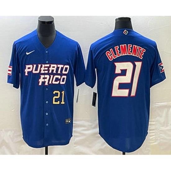 Mens Puerto Rico Baseball #21 Roberto Clemente Number 2023 Blue World Classic Stitched Jersey