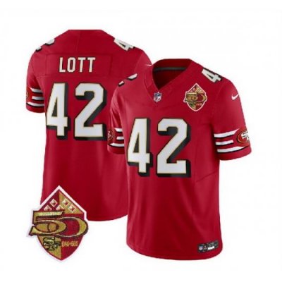 Men San Francisco 49ers 42 Ronnie Lott Red 2023 F U S E  50th Patch Throwback Stitched Football Jersey