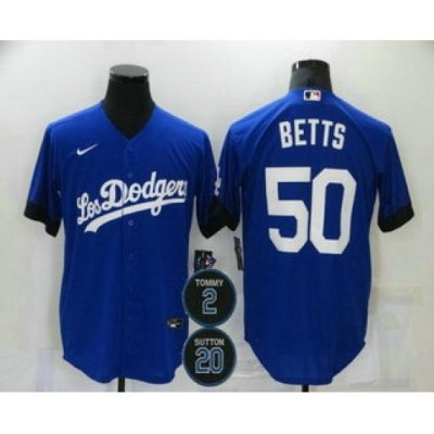 Men Los Angeles Dodgers 50 Mookie Betts Blue 2 20 Patch City Connect Cool Base Stitched Jersey