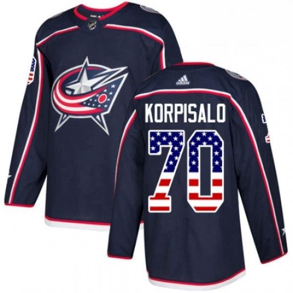 Mens Adidas Columbus Blue Jackets 70 Joonas Korpisalo Authentic Navy Blue USA Flag Fashion NHL Jersey